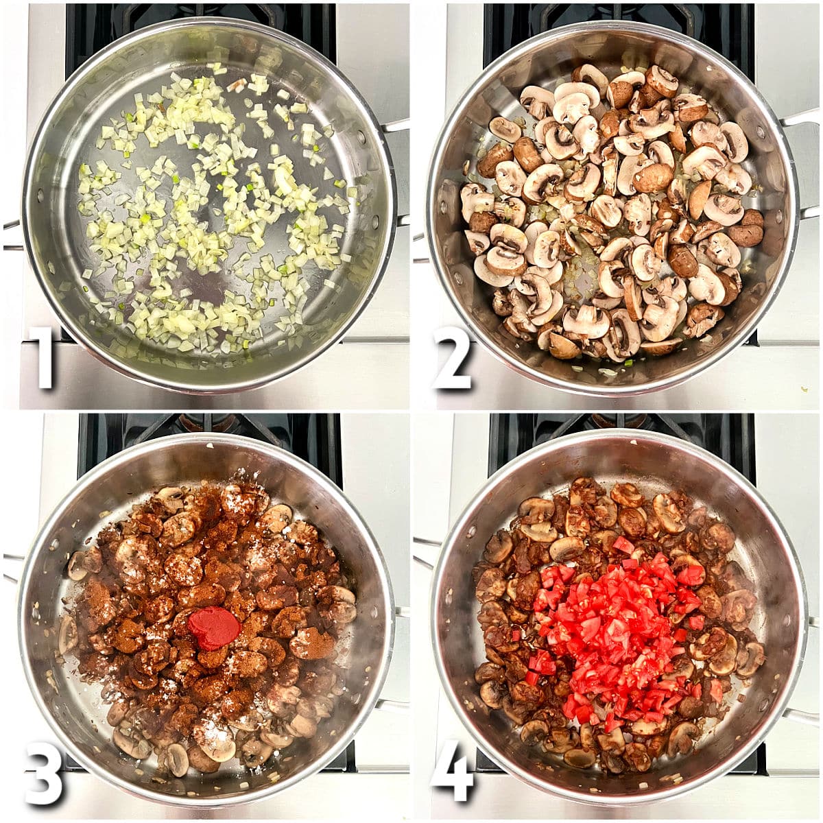 Steps 1-4 for making mushroom paprikash.