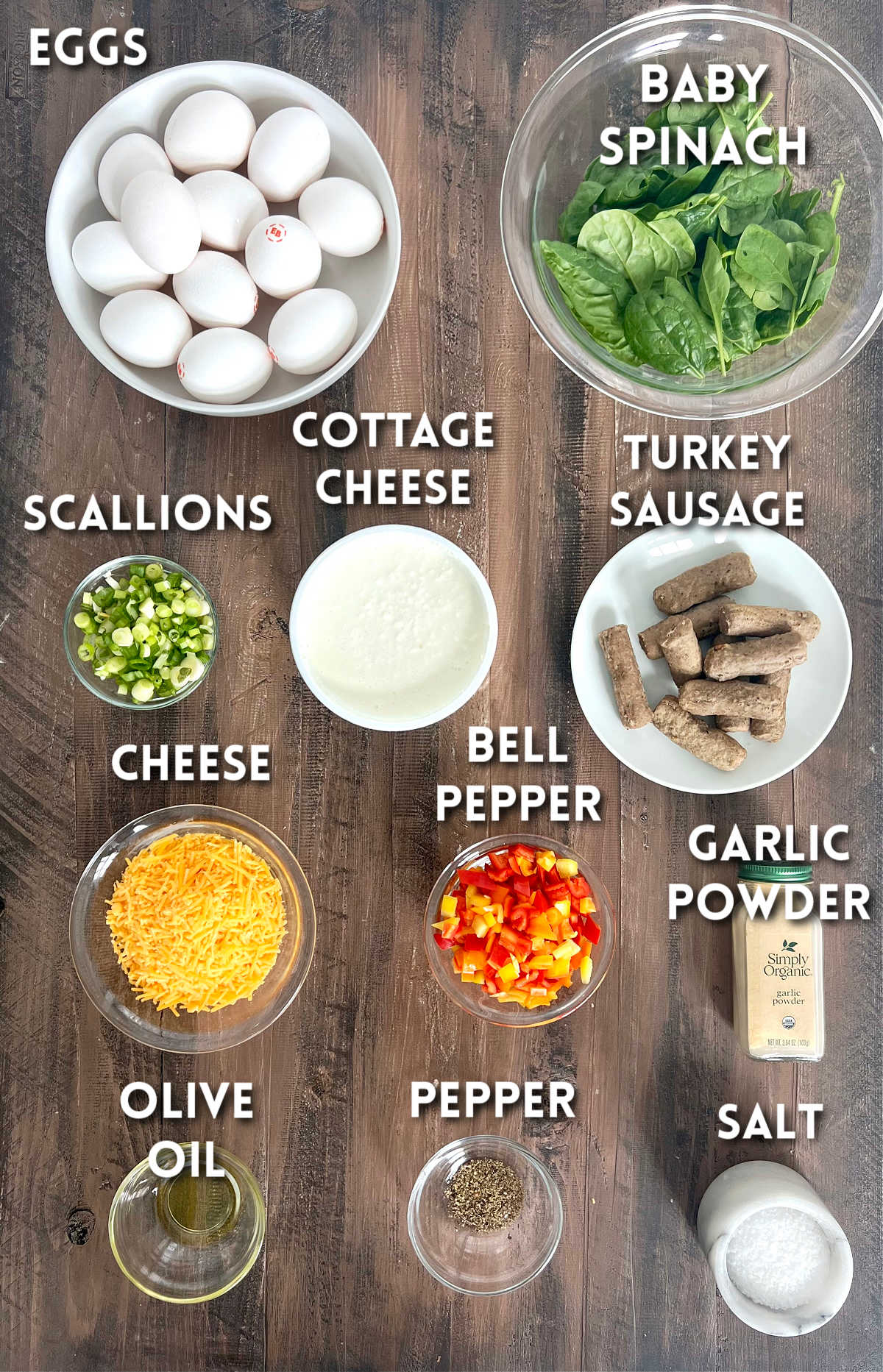 Ingredients for making a high protein cottage cheese egg bake.