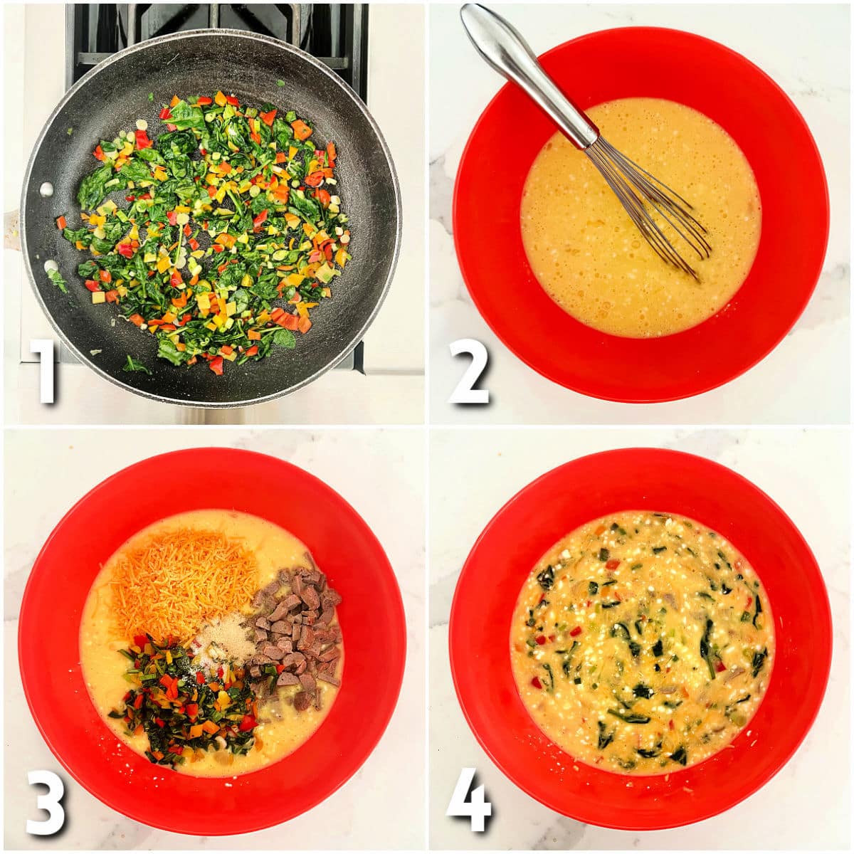 Sauteeing vegetables and mixing ingredients in a bowl to prepare a cottage cheese breakfast egg casserole.