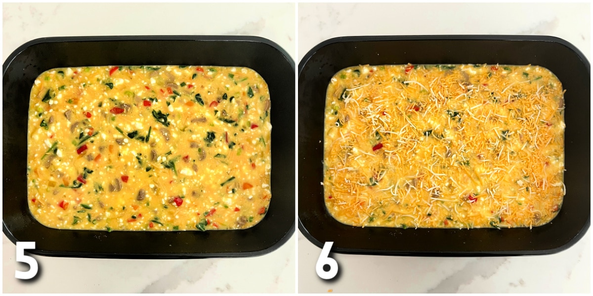 Healthy breakfast egg bake mixture in a casserole dish with cheese sprinkled on top