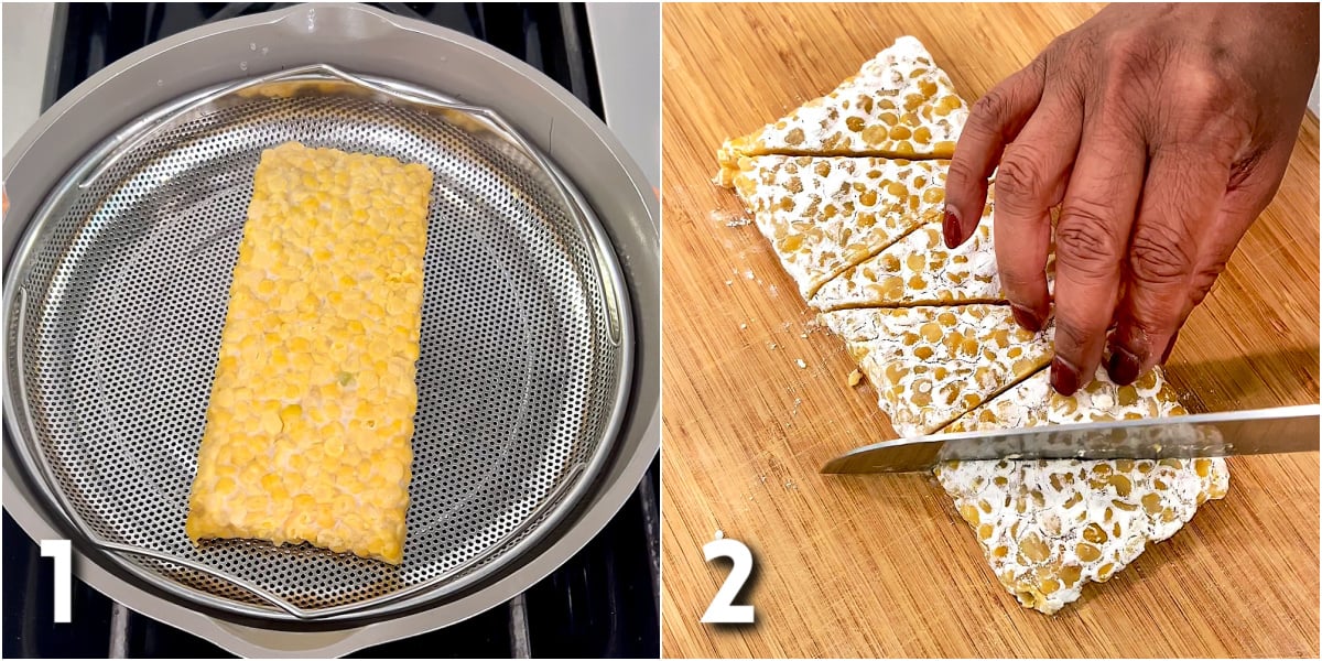 Steaming tempeh and slicing it into cutlets for vegan tempeh piccata recipe