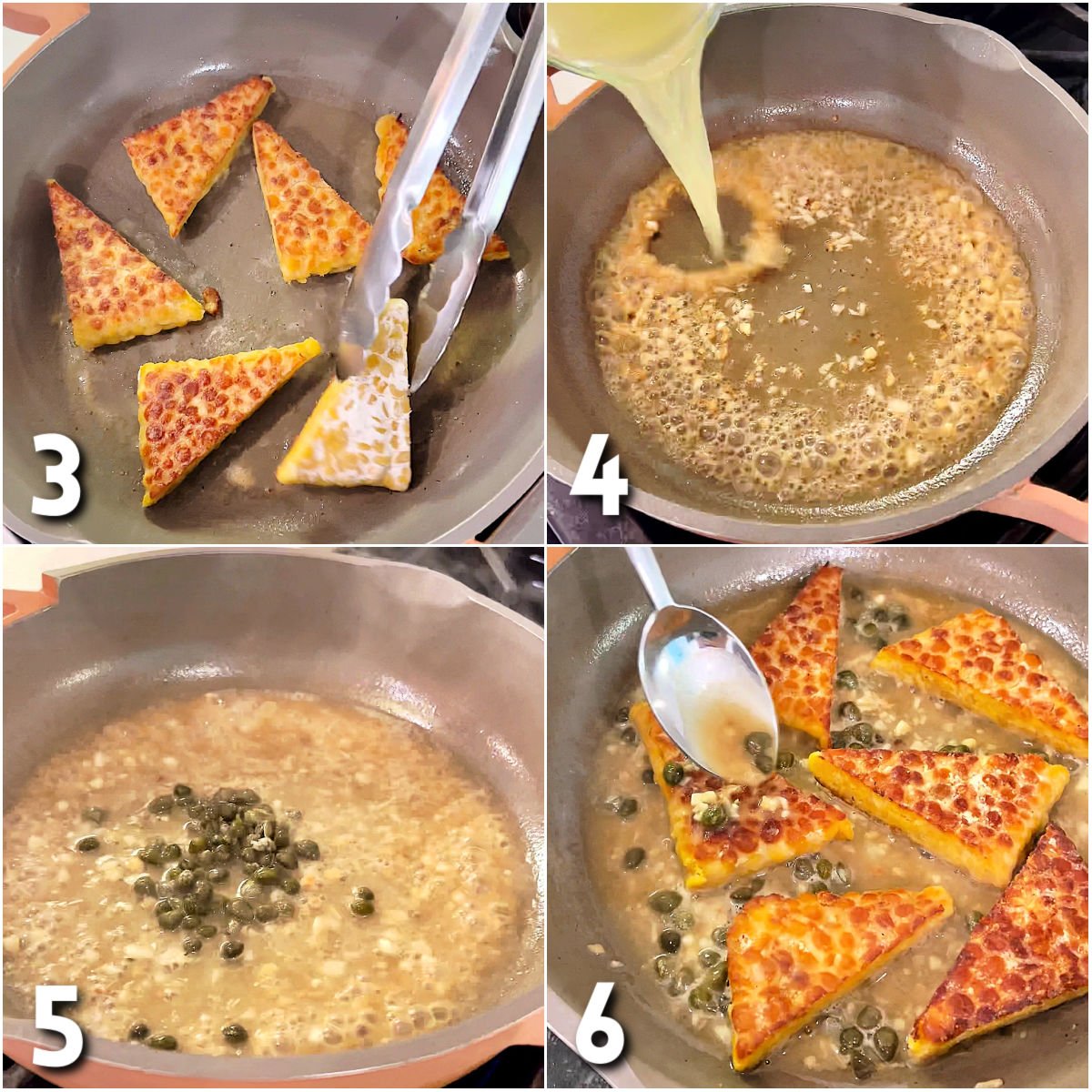 Golden brown tempeh cooking in skillet for vegan piccata, making the lemon caper sauce in a skillet.