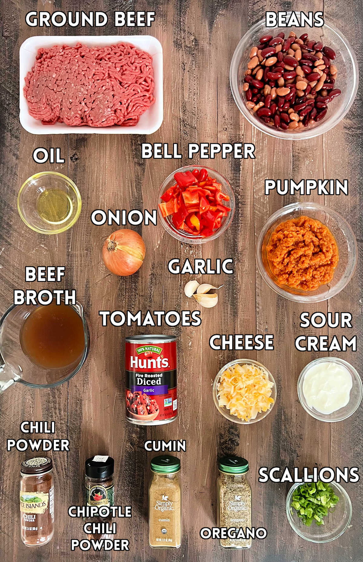 Ingredients for making pumpkin chili