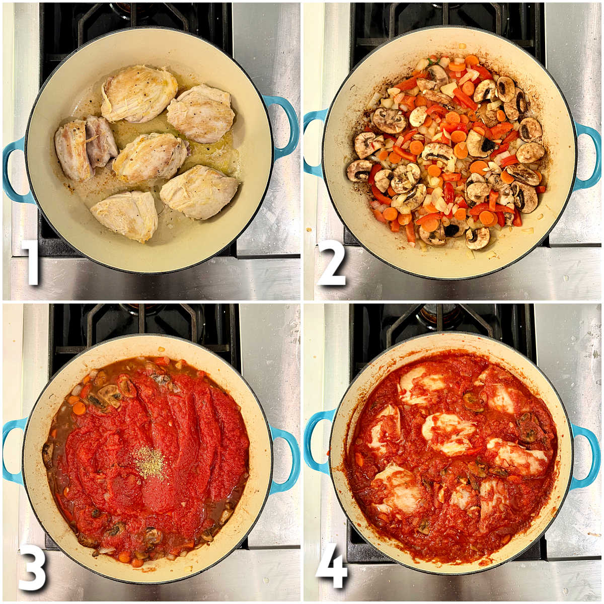 4 steps for making chicken cacciatore.